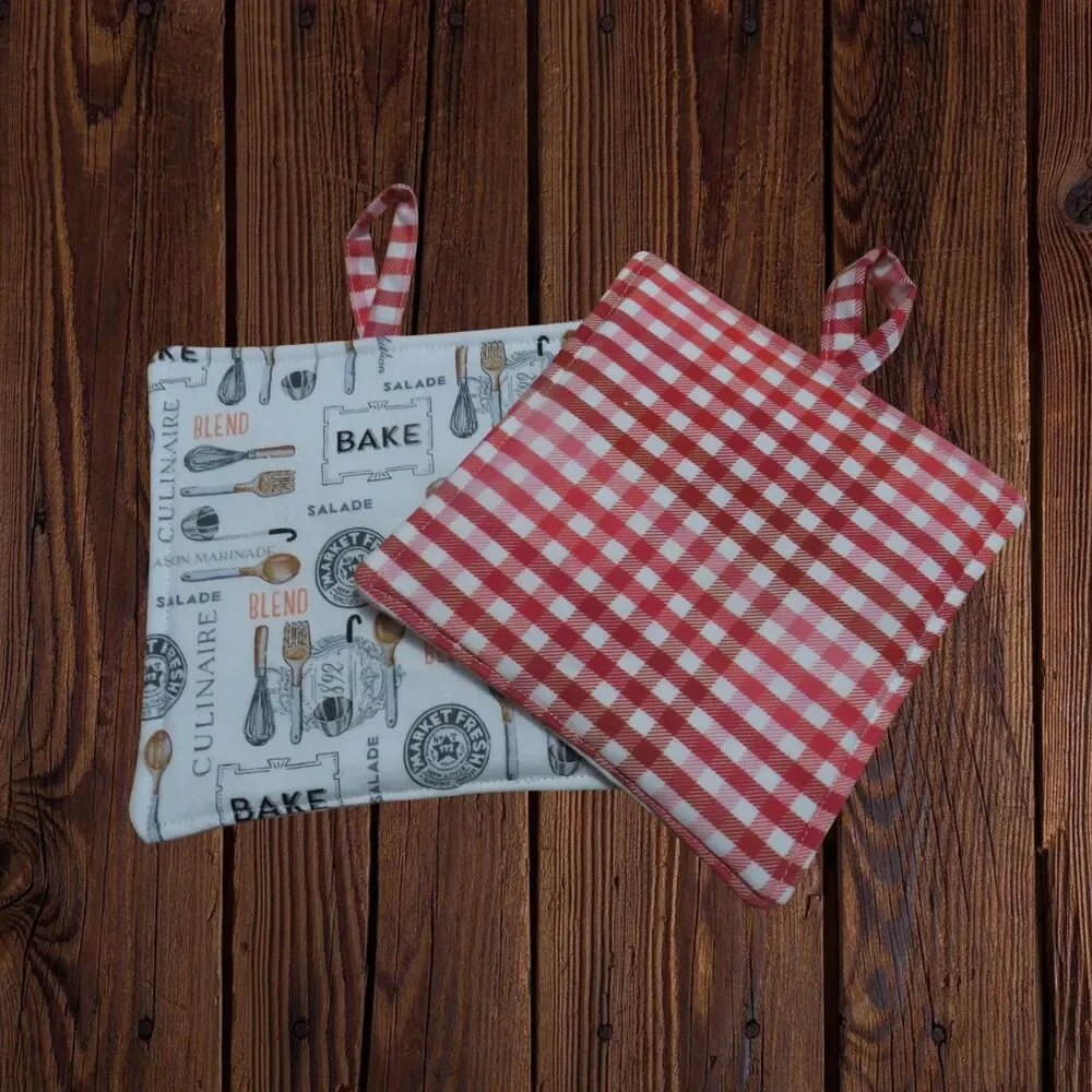 Handmade Potholder, Set of 2, Reversible Baking and Red Gingham Hot Pads